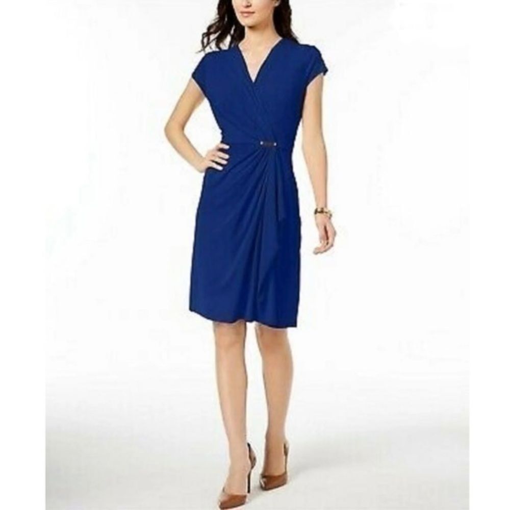 Blue Knee Length V Neck Short Sleeve Wrap Dress S